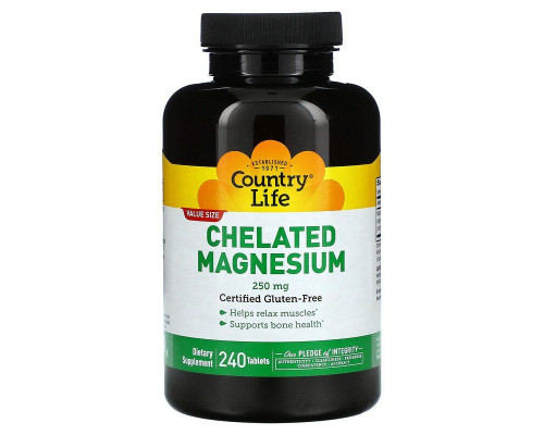 Магній хелат, Chelated Magnesium, Country Life, 250 мг, 240 таблеток