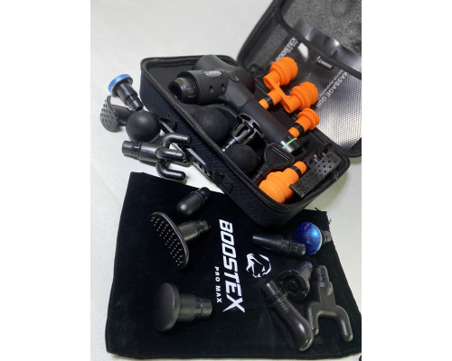 Ударний масажер Boostex (massage gun) з 30 режимами, 21 насадкою та акумулятором.