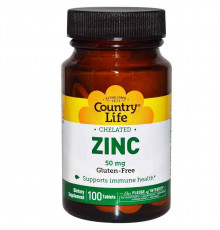 Цинк хелатний, Chelated Zinc, Country Life, 50 мг, 100 таблеток