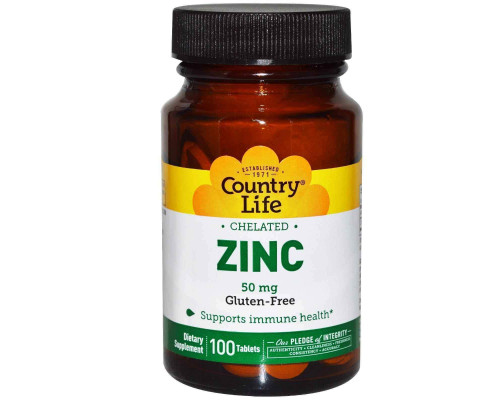 Цинк хелатний, Chelated Zinc, Country Life, 50 мг, 100 таблеток
