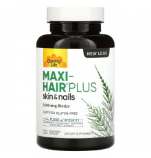 Витамины для волос, Maxi Hair Plus, Country Life, 1250 мкг, 5000 мкг биотина, 120 капсул