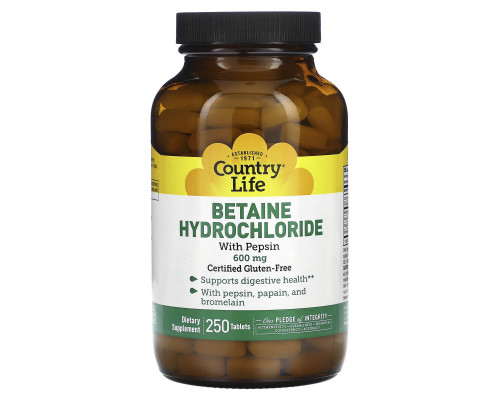 Бетаїну гідрохлорид, Betaine Hydrochloride, Country Life, 600 мг, 250 таблеток