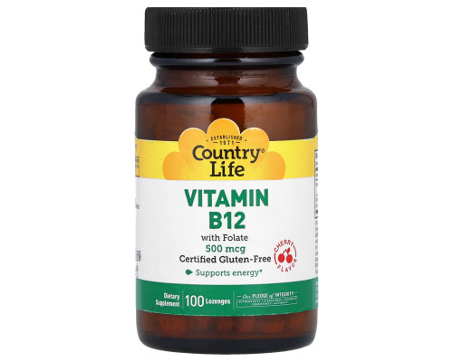 Вітамін В-12 та фолієва кислота, Vitamin B12, Country Life, смак вишні, 500 мкг, 100 льодяників
