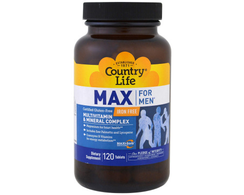 Мультивітаміни для чоловіків, Multivitamin & Mineral, Country Life, без заліза, 120 таблеток