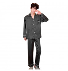 Шелковый комплект мужской пижамы TX0030 Черный рубашка с длинным рукавом и штанами атласная 3XL