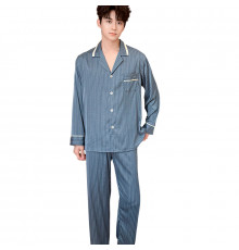 Шелковый комплект мужской пижамы TX0031 Синий рубашка с длинным рукавом и штанами атласная 2XL