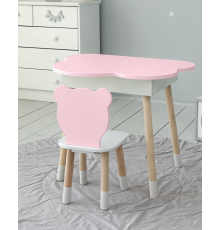 Столик хмаринка з нішею для речей 54х68х50 і стільчик спинка медведик 26.5х26х25, стіл та стілець в дитячу, білий з рожевим