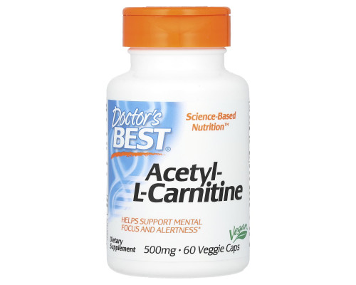 Ацетил-L-карнітин, Acetyl-L-Carnitine, Doctor's Best, 1000 мг, 60 веганських капсул (500 мг у капсулі)