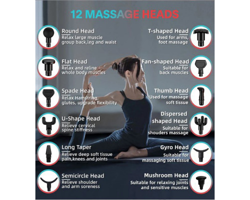 Масажер Massage Gun Max з 30 режимами та 12 насадками в комплекті (чорний)