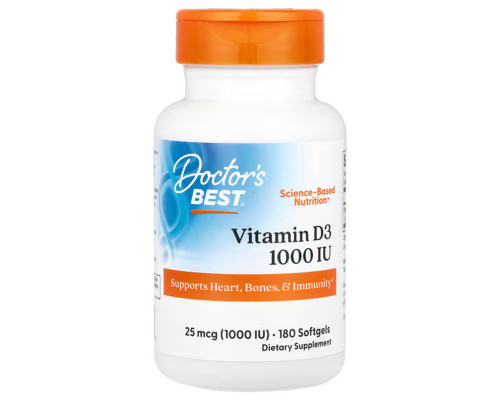Вітамін D3, Vitamin D3, Doctor's Best, 25 мкг (1000 МО), 180 гелевих капсул