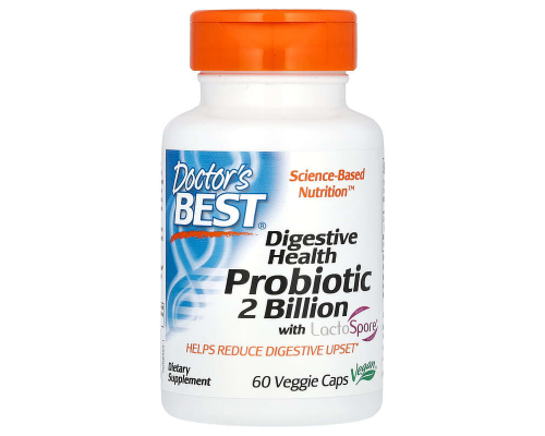 Пробіотики для травлення, Digestive Health, Probiotic 2 Billion with LactoSpore, Doctor's Best, 2 млрд КУО, 60 веганських капсул
