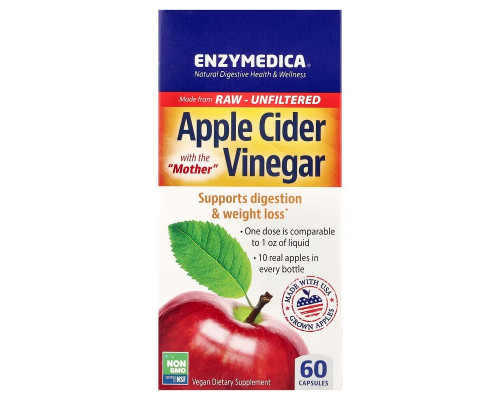 Яблучний оцет із матричною кислотою, Apple Cider Vinegar, Enzymedica, 60 капсул (355 мг на капсулу)