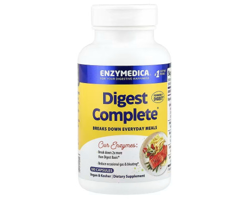 Травні ферменти, Digest Complete, Enzymedica, ефективно розщеплює вуглеводи, жири, клітковину та білки, 180 капсул