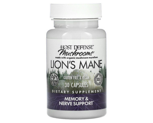 Їжовик гребінчастий, Lion's Mane, Fungi Perfecti, Host Defense, підтримка пам'яті та нервів, 1 г, 30 вегетаріанських капсул