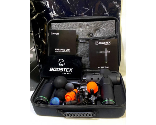 Ударний перкусійний масажер Boostex PRO MAX 2024 року — 30 режимів, 20 насадок, запасна батарея 2500 mAh та кейс (чорний)