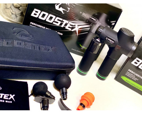 Ударний перкусійний масажер Boostex PRO MAX – 30 режимів, 20 насадок, запасна батарея 2500 мАч, кейс (чорний)