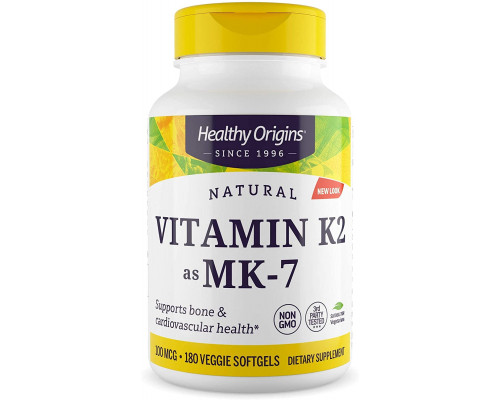 Вітамін K2 у формі MK7, Vitamin K2 як MK-7, Healthy Origins, 100 мкг, 180 вегетаріанських м'яких капсул
