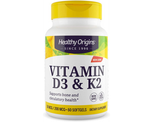 Вітамін D3 і К2, Vitamin D3 + K2, Healthy Origins, 60 гелевих капсул