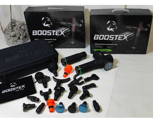 Нова модель 2024 року! Перкусійний масажер Boostex (Massage Gun) – 30 режимів, 20 насадок, змінна батарея 2500 мАг, зручний кейс.