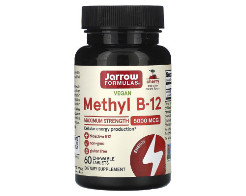 Вітамін В12, Methyl B-12, Jarrow Formulas, максимальна сила, 5000 мкг, 60 жувальних таблеток