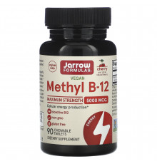 Витамин B-12 метилкобаламин, Methyl B-12, Jarrow Formulas, вкус вишни, 5000 мкг, 90 жевательных таблеток