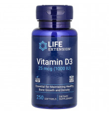 Вітамін D3, Vitamin D3, Life Extension, 25 мкг (1000 МО), 250 гелевих капсул