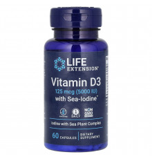 Вітамін D3, Vitamin D3, Life Extension, з йодом, 125 мкг (5000 МО), 60 капсул