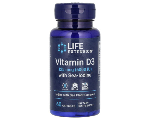 Вітамін D3, Vitamin D3, Life Extension, з йодом, 125 мкг (5000 МО), 60 капсул