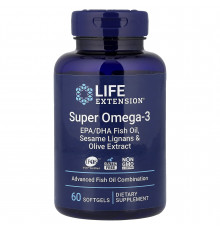 Омега-3, Super Omega-3, Life Extension, риб'ячий жир EPA/DHA, лігнани кунжуту та екстракт оливок, 60 гелевих капсул