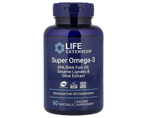 Омега-3, Super Omega-3, Life Extension, риб'ячий жир EPA/DHA, лігнани кунжуту та екстракт оливок, 60 гелевих капсул