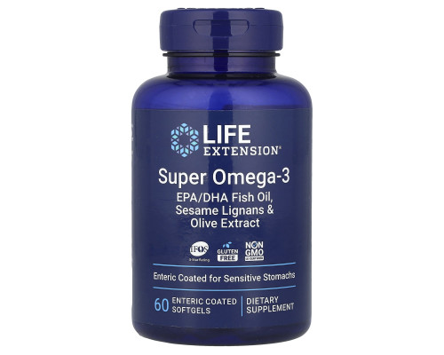 Омега-3, риб'ячий жир, Super Omega-3, EPA/DHA Fish Oil, Life Extension, лігнани кунжуту та екстракт оливок, 60 гелевих капсул капсул з ентеросолюбильною оболонкою