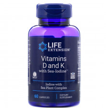 Витамин D и К с йодом, Vitamins D and K with Sea-Iodine, Life Extension, 60 капсул