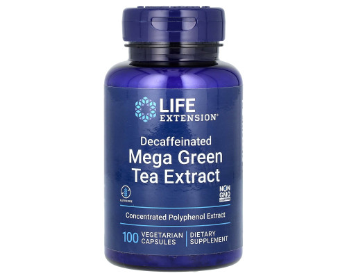Зелений чай мега екстракт, Mega Green Tea Extract, Life Extension, без кофеїну, 100 вегетаріанських капсул (725 мг на капсулу)