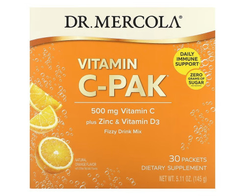 Вітамін С + цинк та вітамін D3, Vitamin C-PAK with Quercetin, Dr. Mercola, зі смаком апельсина, 500 мг, 30 пакетиків (4.84 г кожний)