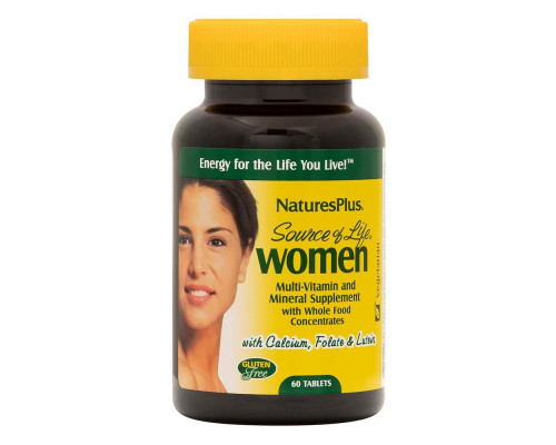 Мультивітаміни для жінок, Multi-Vitamin and Mineral, Nature's Plus, Source of Life, з цілісними харчовими концентратами, 60 таблеток