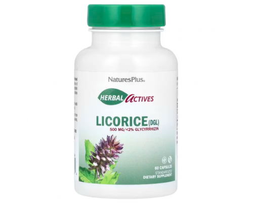 Корінь солодки, Licorice (DGL) Nature's Plus, Herbal Actives, 500 мг, 60 капсул