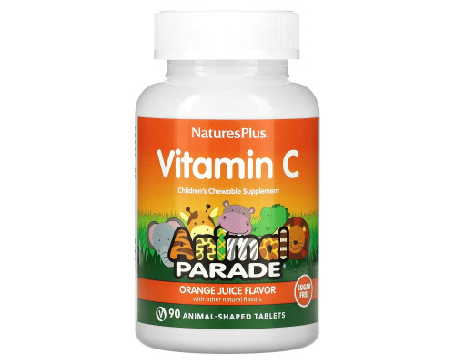 Вітамін С жувальний, Vitamin C, Nature's Plus, Animal Parade, апельсиновий смак, без цукру, 90 таблеток у формі тварин