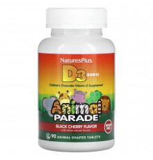 Вітамін D-3, Vitamin D 3, Nature's Plus, Animal Parade, смак чорної вишні, без цукру, 500 МО, 90 жувальних цукерок
