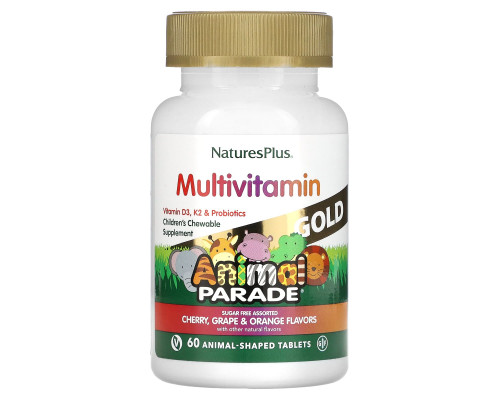 Мультивітаміни та мінерали для дітей, з різними смаками, Multi-Vitamin & Mineral, Nature's Plus, Source of Life, вишня, виноград та апельсин, 60 таблеток у формі тварин