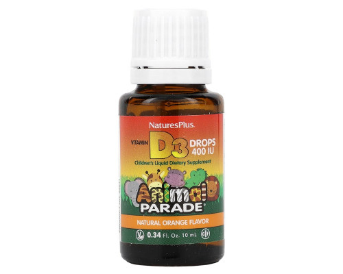 Вітамін D3 у краплях, Vitamin D3 Drops, Nature's Plus, Animal Parade, апельсиновий смак, 400 МО, 10 мл
