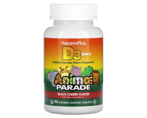 Вітамін D-3, Vitamin D 3, Nature's Plus, Animal Parade, смак чорної вишні, 500 МО, 90 жувальних цукерок