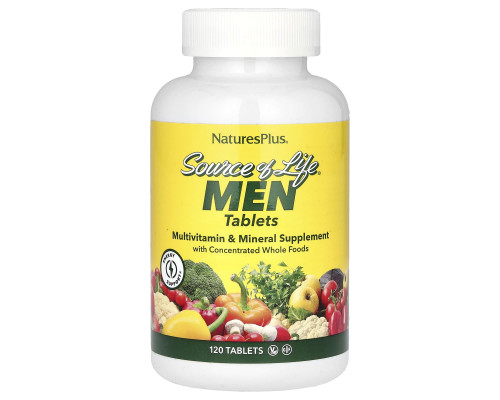 Мультивітаміни та мінералі для чоловіків, Source of Life Men, Nature's Plus, Source of Life Men, з концентрованими цільними продуктами, без заліза, 120 таблеток