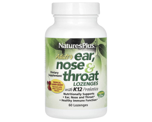 Вухо, Горло, Ніс,Adult's Ear, Nose & Throat Lozenges with K12 Probiotic, Nature's Plus, для дорослих, смак тропічна вишня-ягода, 60 льодяників
