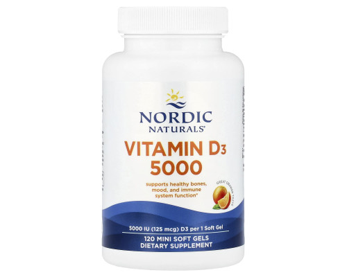 Вітамін D3, Vitamin D3, Nordic Naturals, апельсин, 125 мкг (5000 МО), 120 міні гелевих капсул