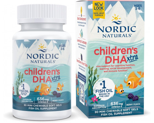 Омега-3, ДГК і ЕПК для дітей 3-6 років, DHA Xtra, Nordic Naturals, смак ягід, 636 мг, 90 гелевих міні капсул