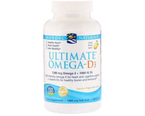 Риб'ячий жир омега-D3 (лимон), Ultimate Omega-D3, Nordic Naturals, 1000 мг, 120 гелевих капсул