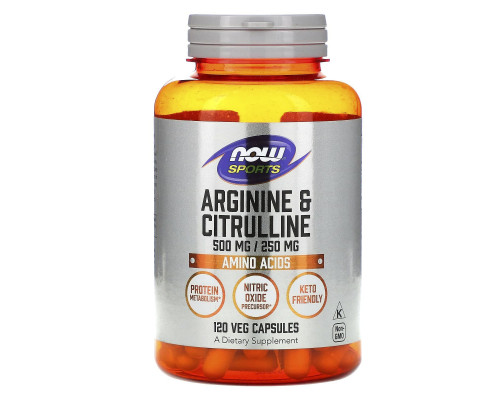 Аргінін та цитрулін, Arginine & Citrulline, Now Foods, Sports, 500 мг/250 мг, 120 вегетаріанських капсул