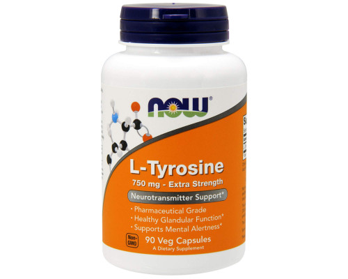 Тирозин, L-Tyrosine, Now Foods, додаткова сила, 750 мг, 90 вегетаріанських капсул