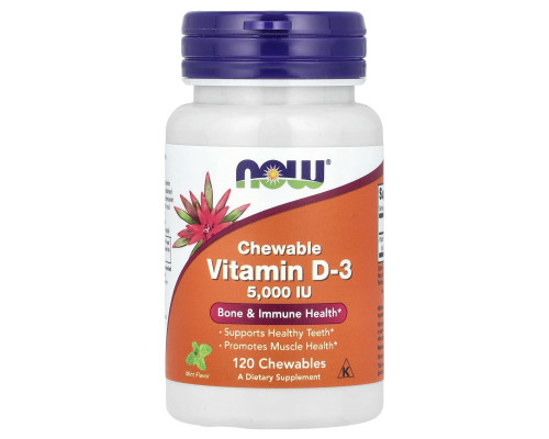Вітамін D-3, Vitamin D-3, Now Foods, смак м'яти, 5000 МО, 120 жувальних таблеток