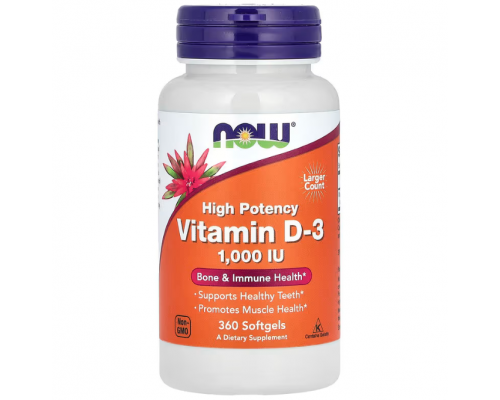 Вітамін D-3, Vitamin D-3, NOW Foods, високоефективний, 25 мкг (1000 МО), 360 гелевих капсул